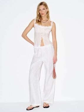 Reformation Olina White Linen Drawstring Wide Leg Pants Womens XSP New NWT